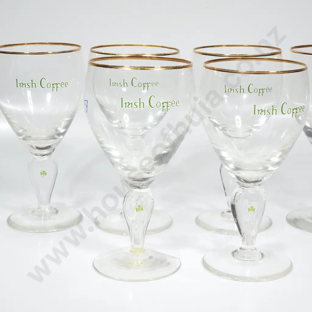Set of Six Vintage Irish Coffee Stem Glasses w Gold Rim & Green Writing & Shamrock Image 1++