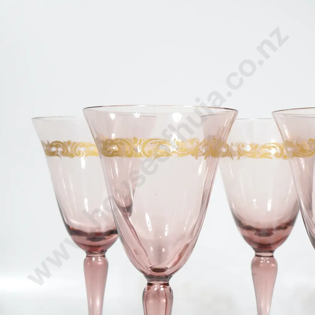 5 x Tall Stemmed Glasses w Gilt Decoration Image 1++