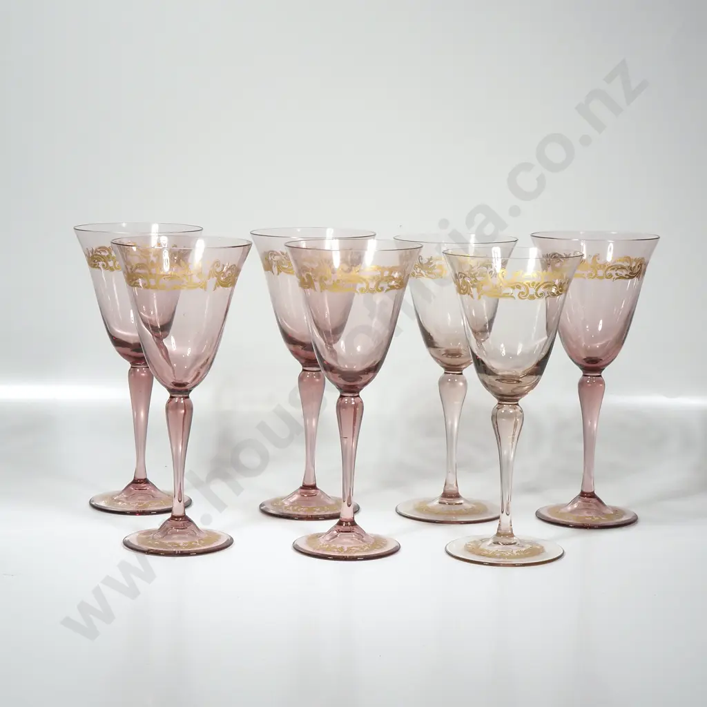 5 x Tall Stemmed Glasses w Gilt Decoration Image 1++
