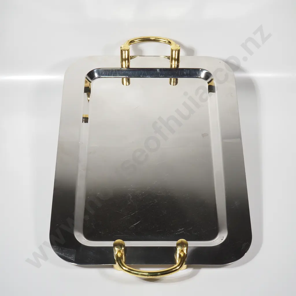 Large Stainless Steel Serving Tray w Gold Toned Handles Image 1++