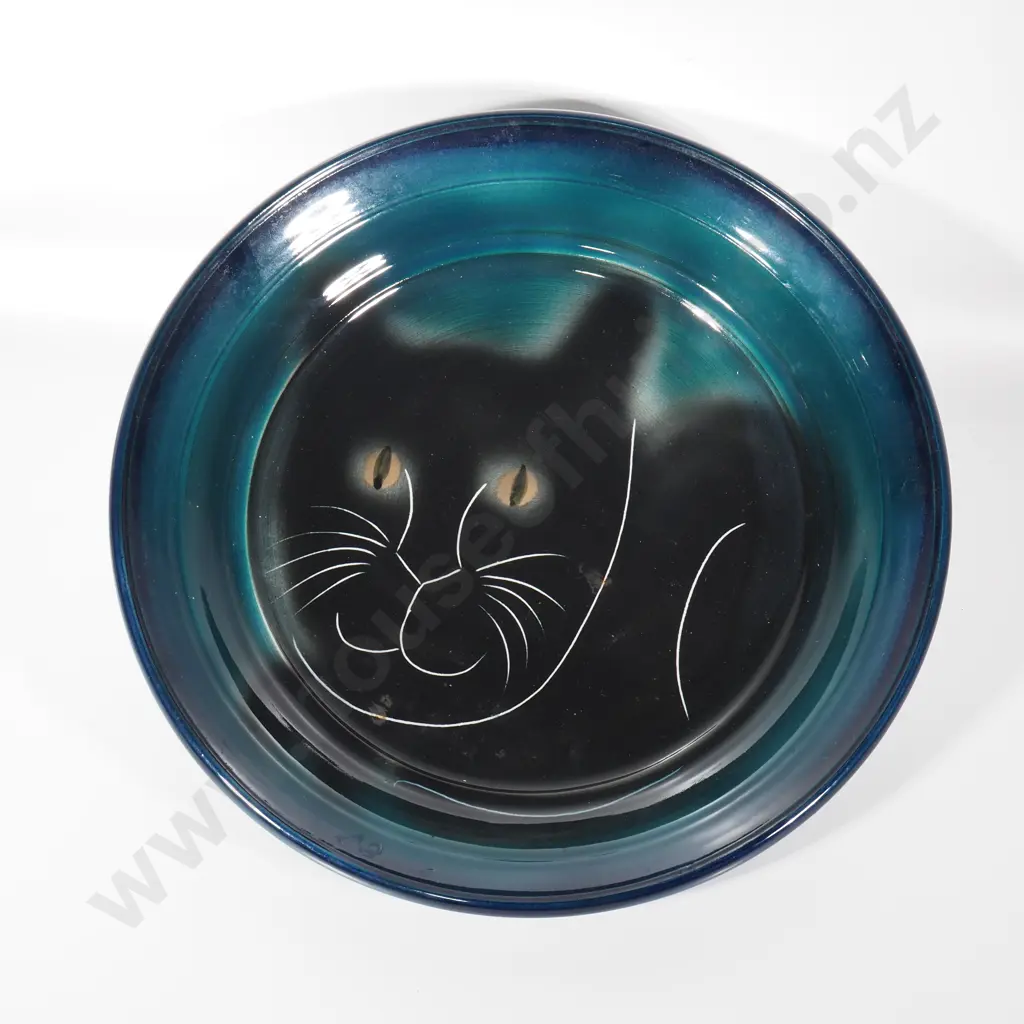 Large Pottery Platter Handcrafted by Winslow Pottery , Ashburton  by 'Sam' depicting a Black Cat Image 1++