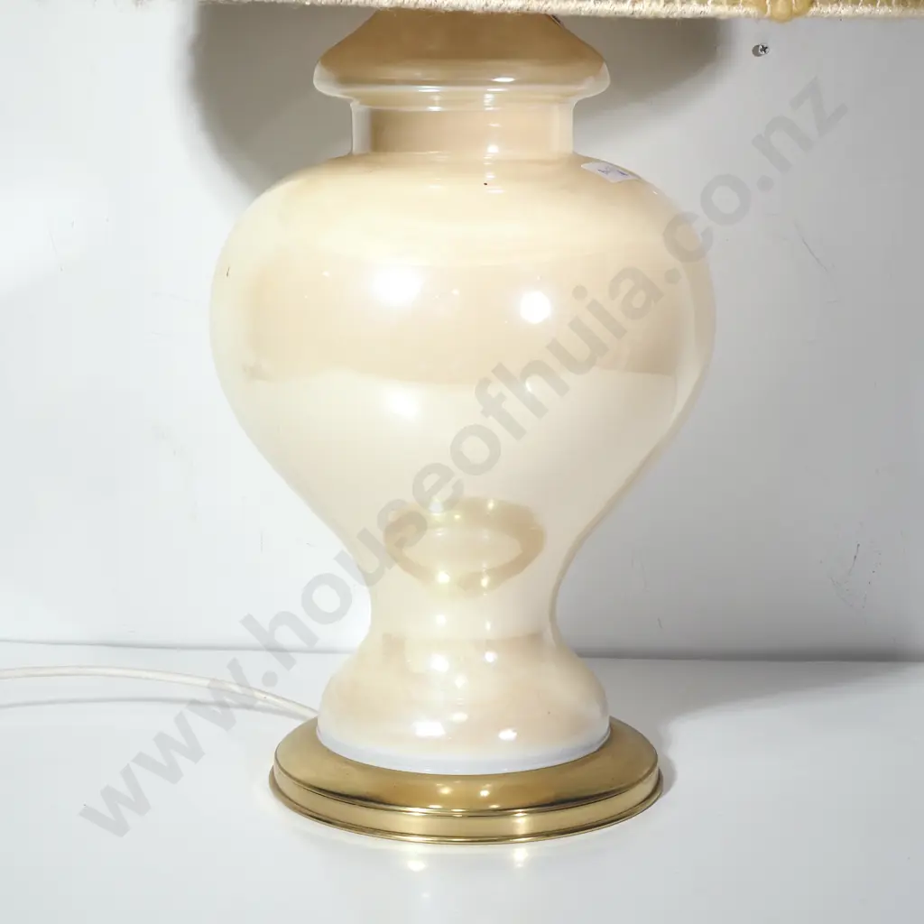 Vintage Cream Coloured Glass Ginger Jar Table Lamp w Glossy Opaline Finish w a Mid Century Felted Wool Shade w Landscape Image 1++