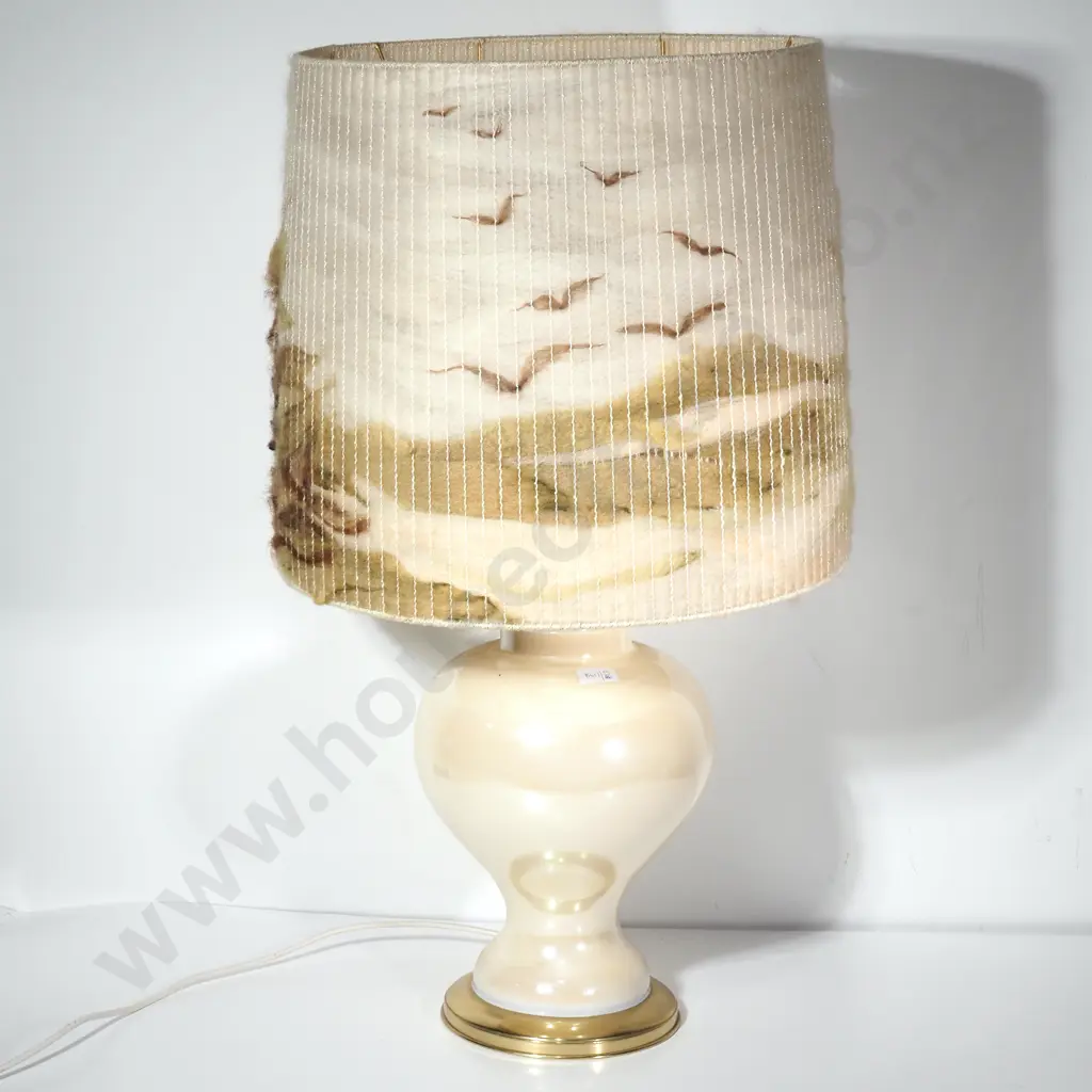 Vintage Cream Coloured Glass Ginger Jar Table Lamp w Glossy Opaline Finish w a Mid Century Felted Wool Shade w Landscape Image 1++