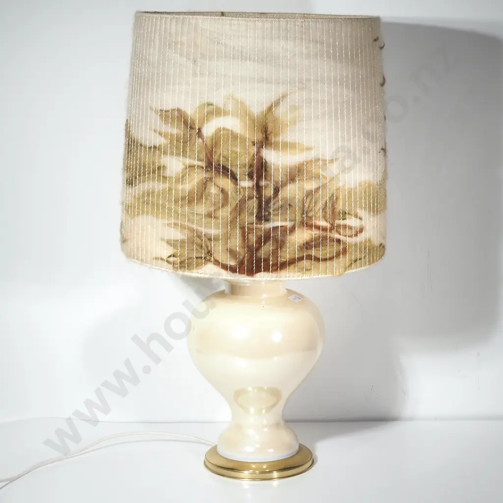 Vintage Cream Coloured Glass Ginger Jar Table Lamp w Glossy Opaline Finish w a Mid Century Felted Wool Shade w Landscape Image 1++