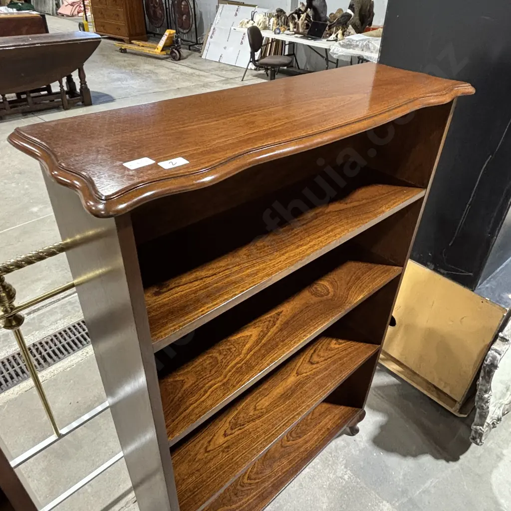 Vintage Mahogany Wooden Open Bookshelves w Four Shelves, Queen Anne Cabriole Legs & a Scalloped, Moulded Top Image 1++