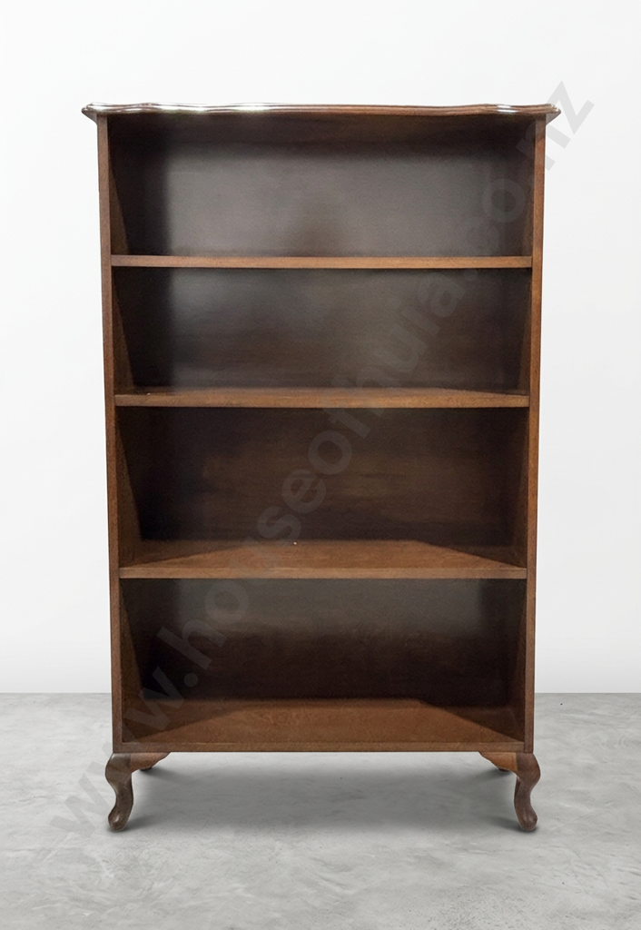 Vintage Mahogany Wooden Open Bookshelves w Four Shelves, Queen Anne Cabriole Legs & a Scalloped, Moulded Top Image 1++