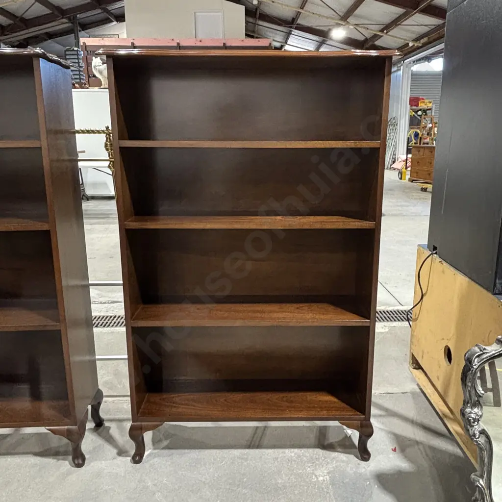 Vintage Mahogany Wooden Open Bookshelves w Four Shelves, Queen Anne Cabriole Legs & a Scalloped, Moulded Top Image 1++
