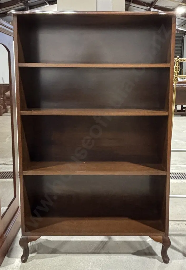 Vintage Mahogany Wooden Open Bookshelves w Four Shelves, Queen Anne Cabriole Legs & a Scalloped, Moulded Top Image 1++