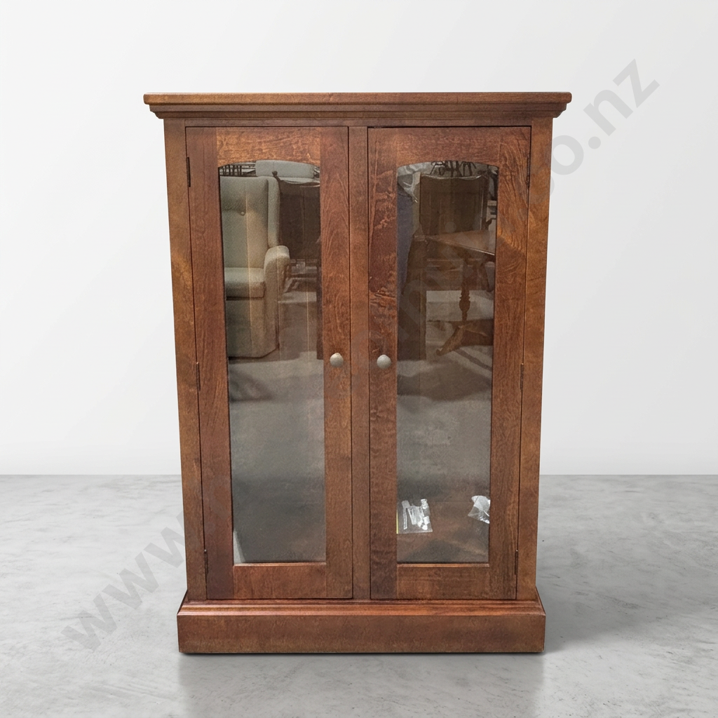 Wooden Double Door Display Cabinet w Adjustable Shelves & Glass Panels w Curved Upper Arch Image 1++