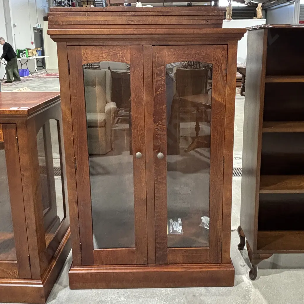 Wooden Double Door Display Cabinet w Adjustable Shelves & Glass Panels w Curved Upper Arch Image 1++