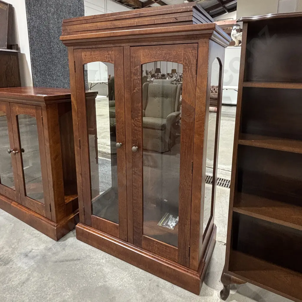 Wooden Double Door Display Cabinet w Adjustable Shelves & Glass Panels w Curved Upper Arch Image 1++