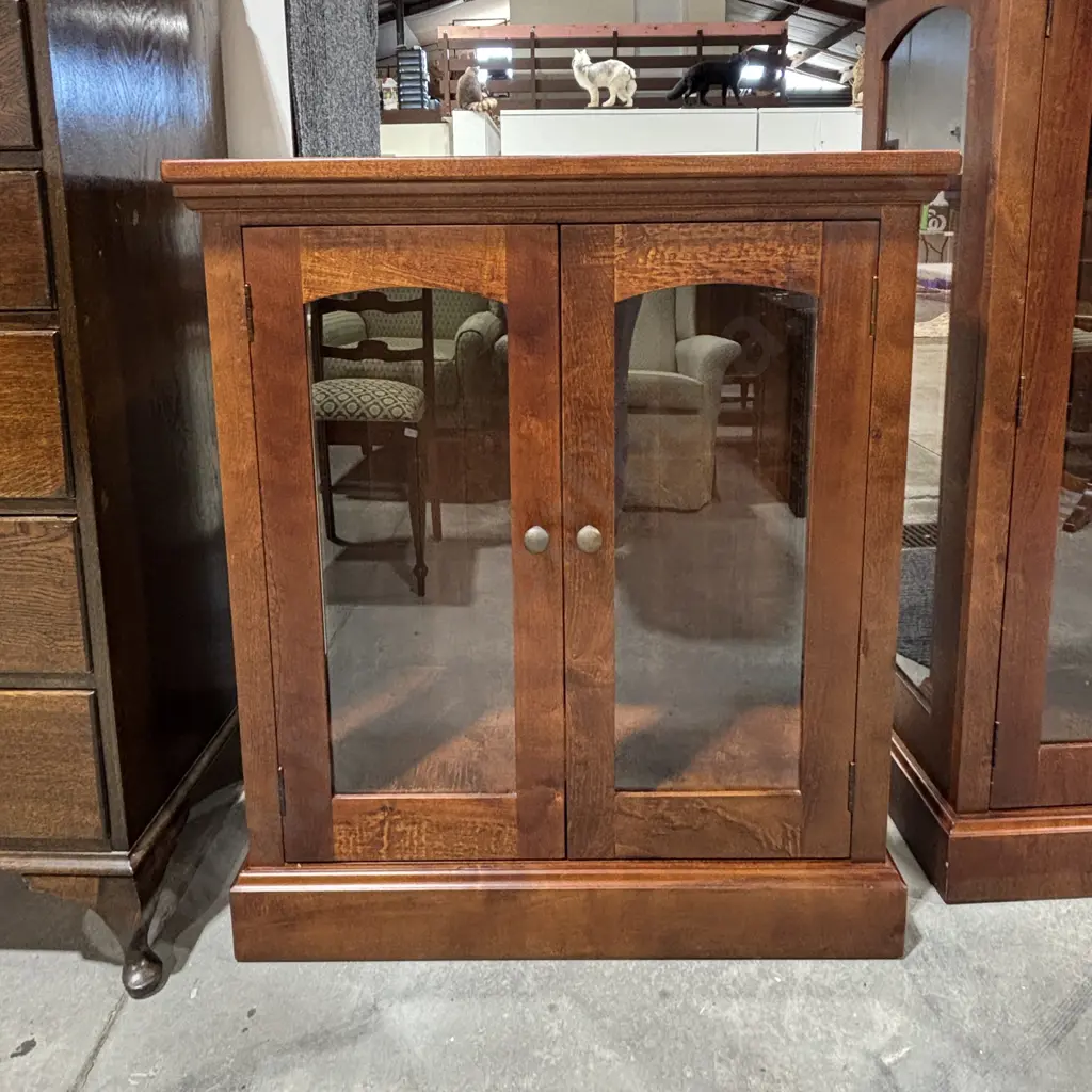 Wooden Double Door Display Cabinet w Adjustable Shelves & Glass Panels w Curved Upper Arch Image 1++