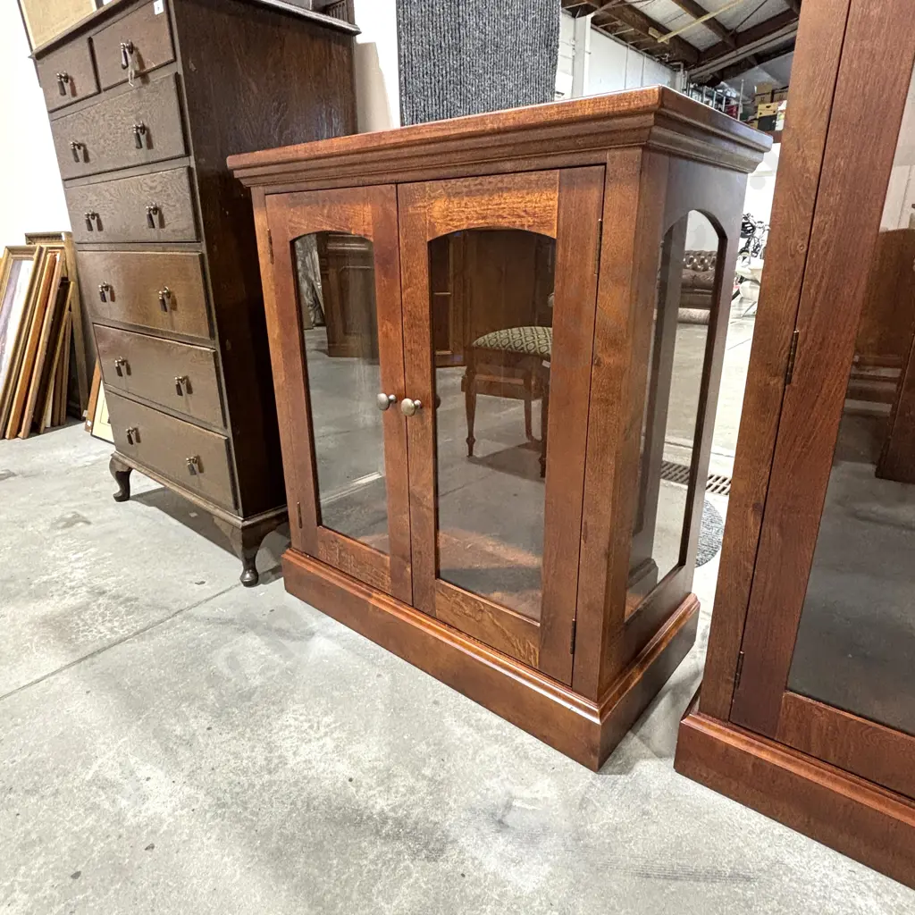 Wooden Double Door Display Cabinet w Adjustable Shelves & Glass Panels w Curved Upper Arch Image 1++