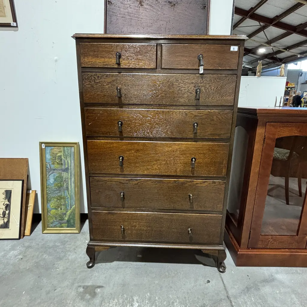 Queen Anne Style Oak Tallboy w Seven Graduated Drawers & Drop Handles on Cabriole Legs Image 1++
