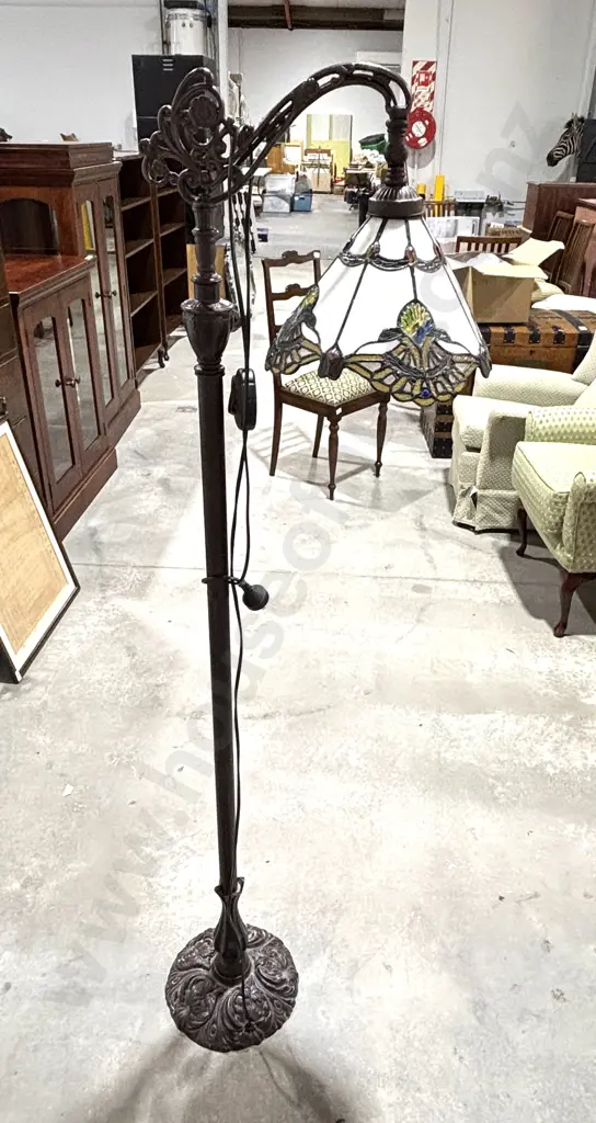 Tiffany Style Floor Lamp w Ornate Stained Glass Shade & Bronzed Art Nouveau Bridge Arm & Dome Base w Scrolls & Florals Image 1++