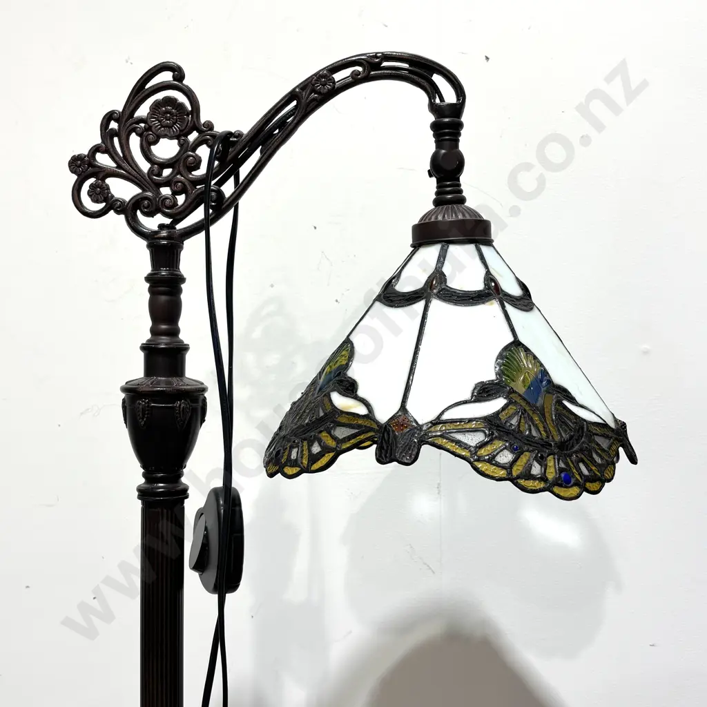 Tiffany Style Floor Lamp w Ornate Stained Glass Shade & Bronzed Art Nouveau Bridge Arm & Dome Base w Scrolls & Florals Image 1++