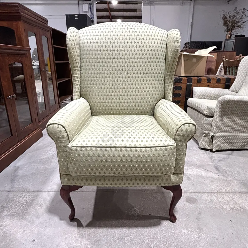 Wingback Chair w Green Patterned Upholstery w High Arched Back & Cabriole Legs Image 1++