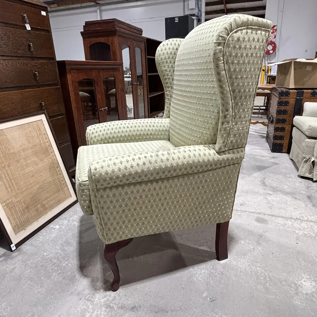 Wingback Chair w Green Patterned Upholstery w High Arched Back & Cabriole Legs Image 1++