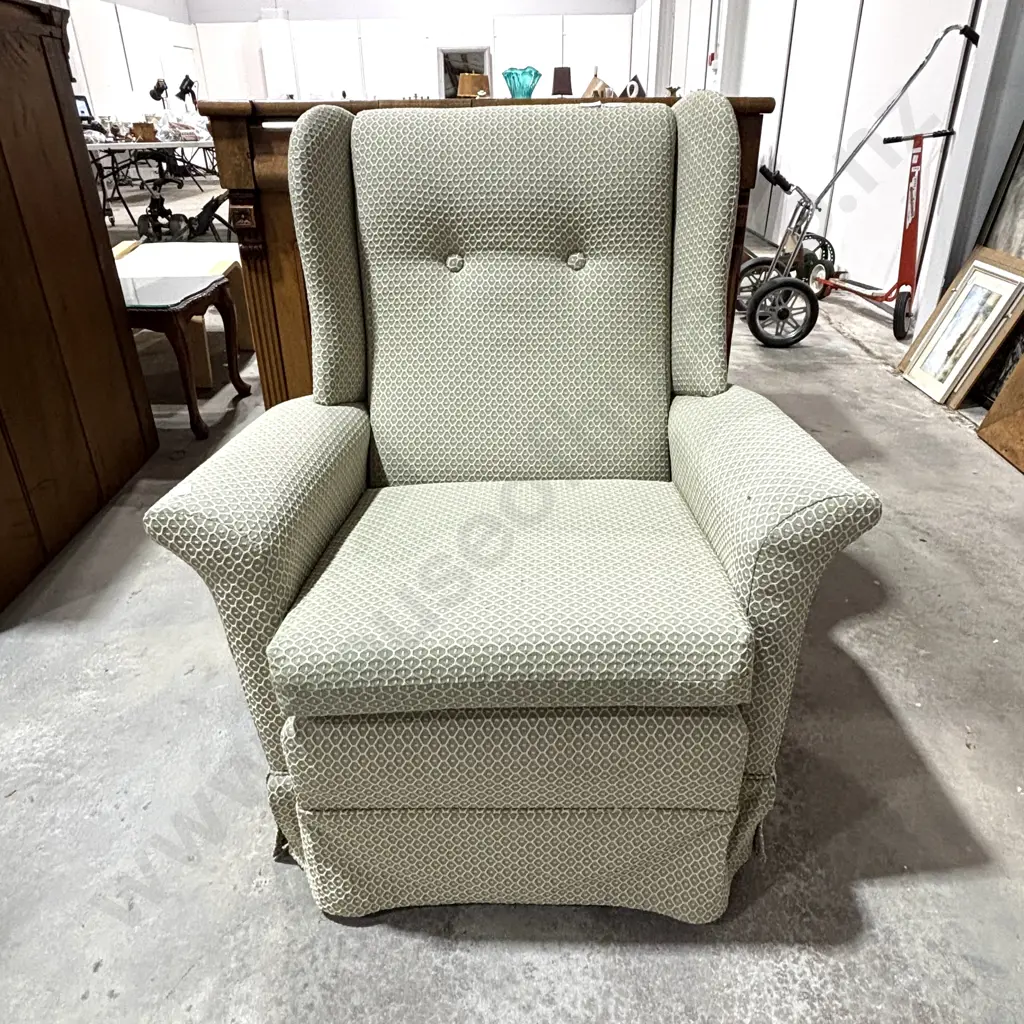Wingback Chair w Green Patterned Upholstery, Skirted Base & Buttoned Back Image 1++