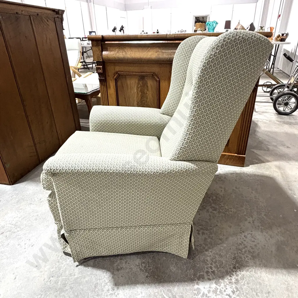 Wingback Chair w Green Patterned Upholstery, Skirted Base & Buttoned Back Image 1++