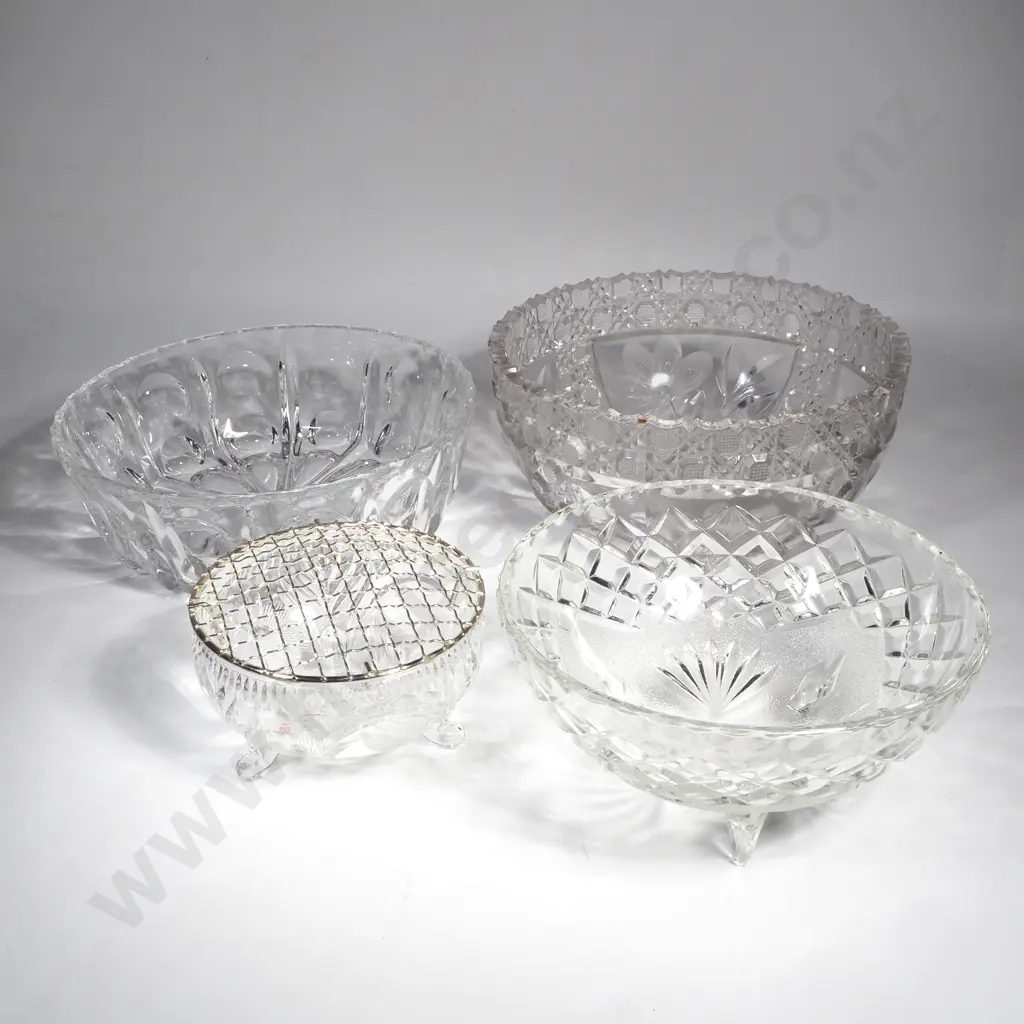 Three Glass Fruit or Dessert Bowls & a Crystal Rose Bowl w Grill Image 1++