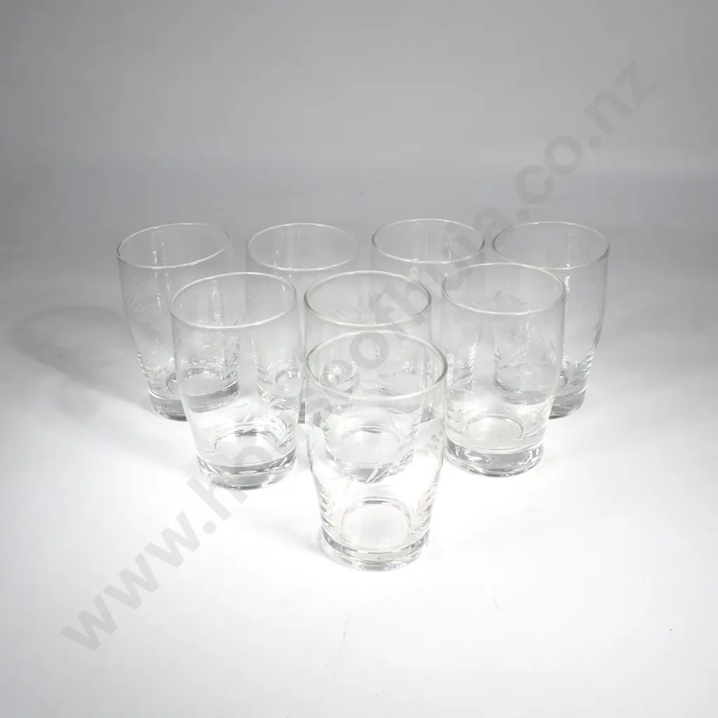 Eight Vintage Water Glasses w etched Wheatsheaf Decoration Image 1++