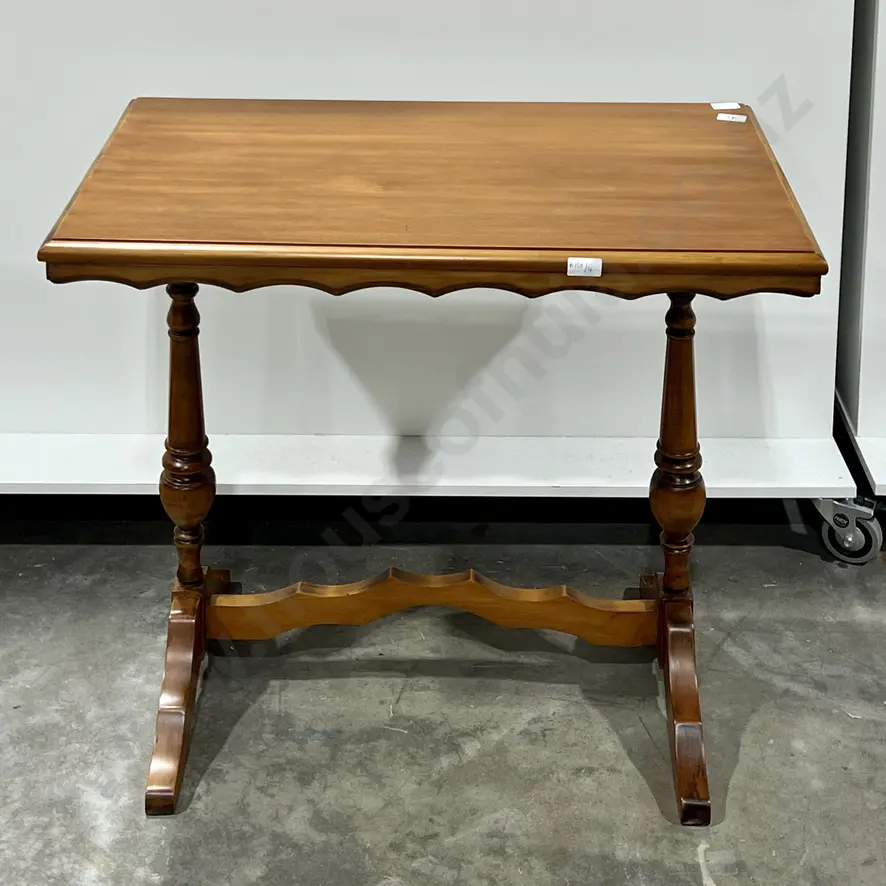 Vintage Wooden Twin Pedestal Side Table (Possibly Rimu) w a Turned Stretcher Base & Scalloped Edge & Stretcher Image 1++