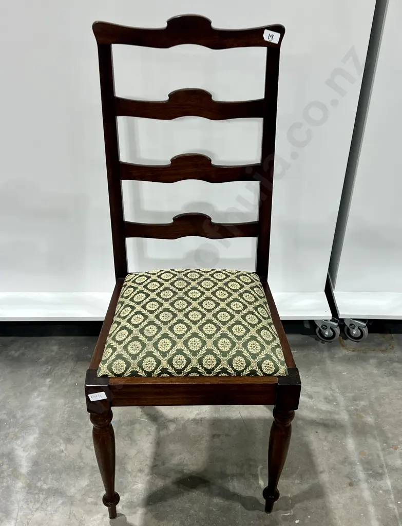 Mahogany Occasional Ladder Back Chair w an Upholstered Green Pattern Fabric Image 1++