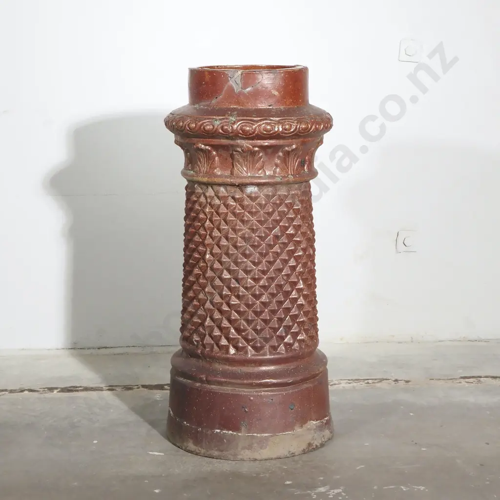 Terracotta Dark Saltglaze Chimney Pot w  Decorative Diamond/Pineapple Moldings Below A Rim of Acanthus Leaves & Scrolls Image 1++