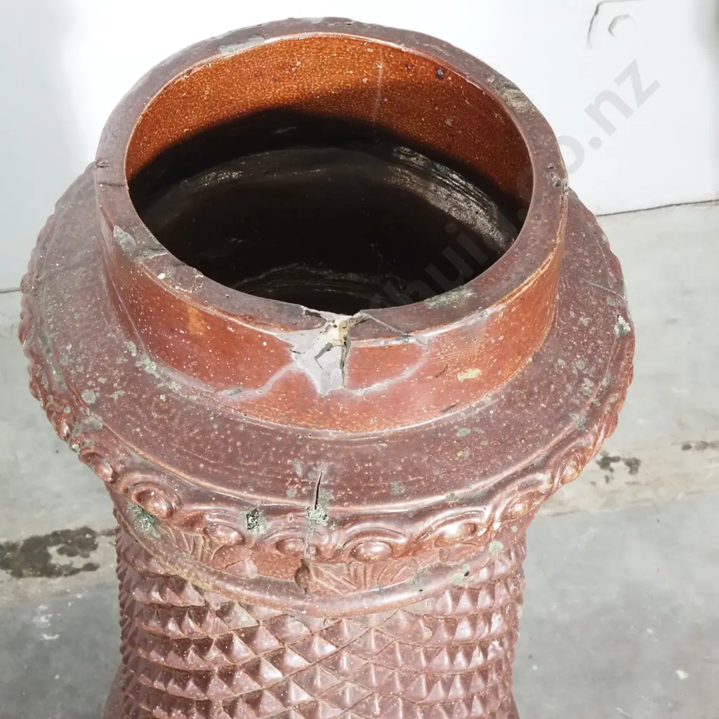 Terracotta Dark Saltglaze Chimney Pot w  Decorative Diamond/Pineapple Moldings Below A Rim of Acanthus Leaves & Scrolls Image 1++