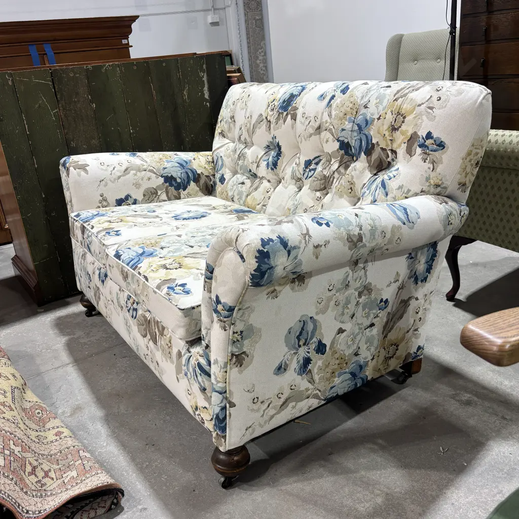 White Floral Fabric Two Seater Sofa w Blue & Yellow Floral Print & Rolled Arms Image 1++