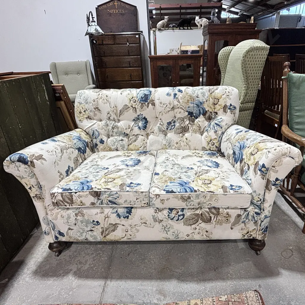 White Floral Fabric Two Seater Sofa w Blue & Yellow Floral Print & Rolled Arms Image 1++