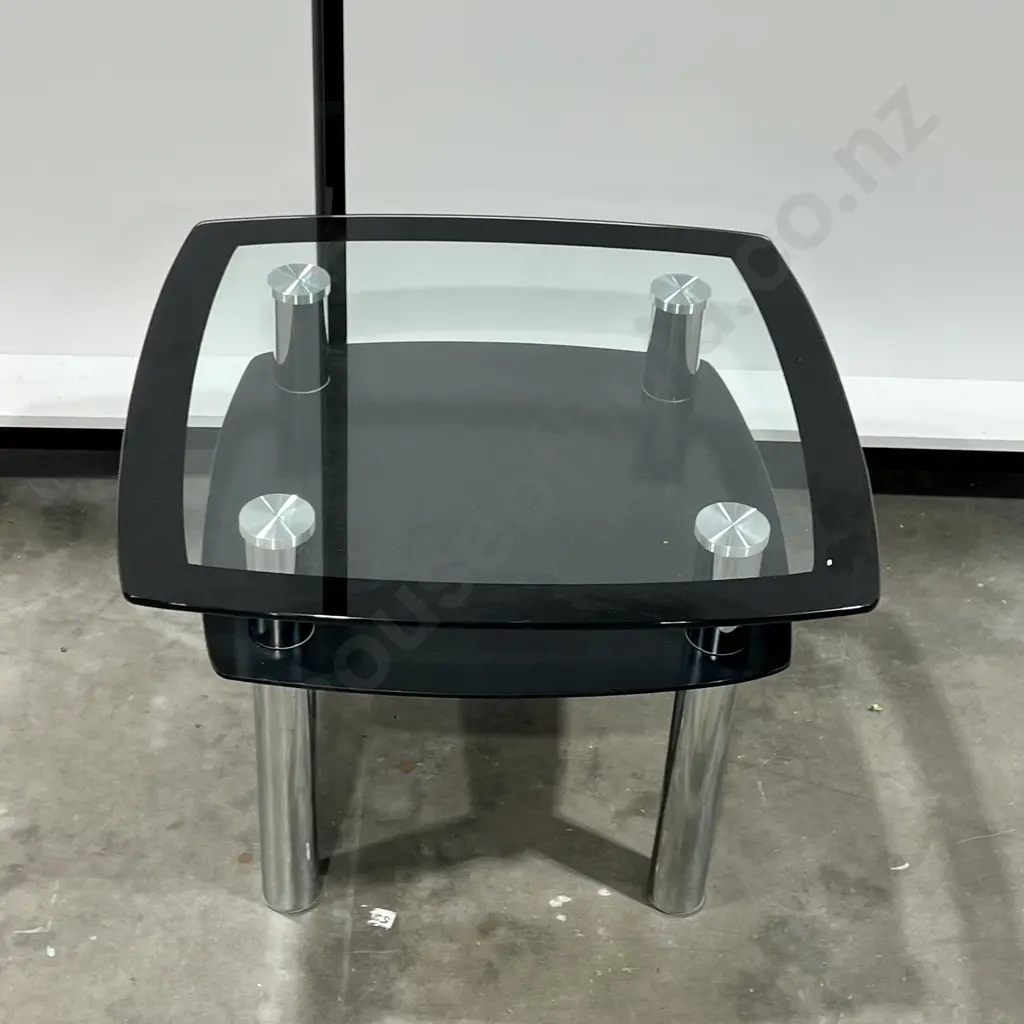 Modern Black Glass & Chrome Side Table w Square Tempered Glass Top Image 1++