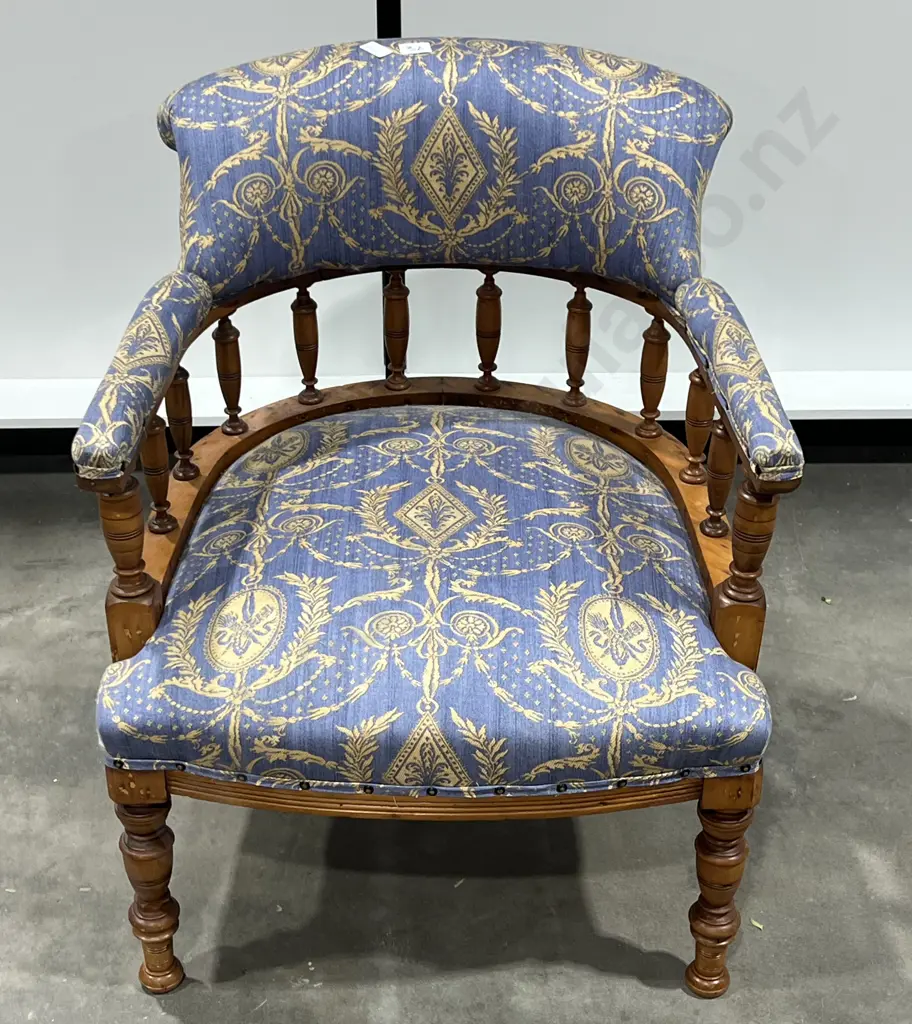 Antique Tub Chair w Turned Wooden Spindle Back & Blue & Gold Patterned Upholstery Image 1++