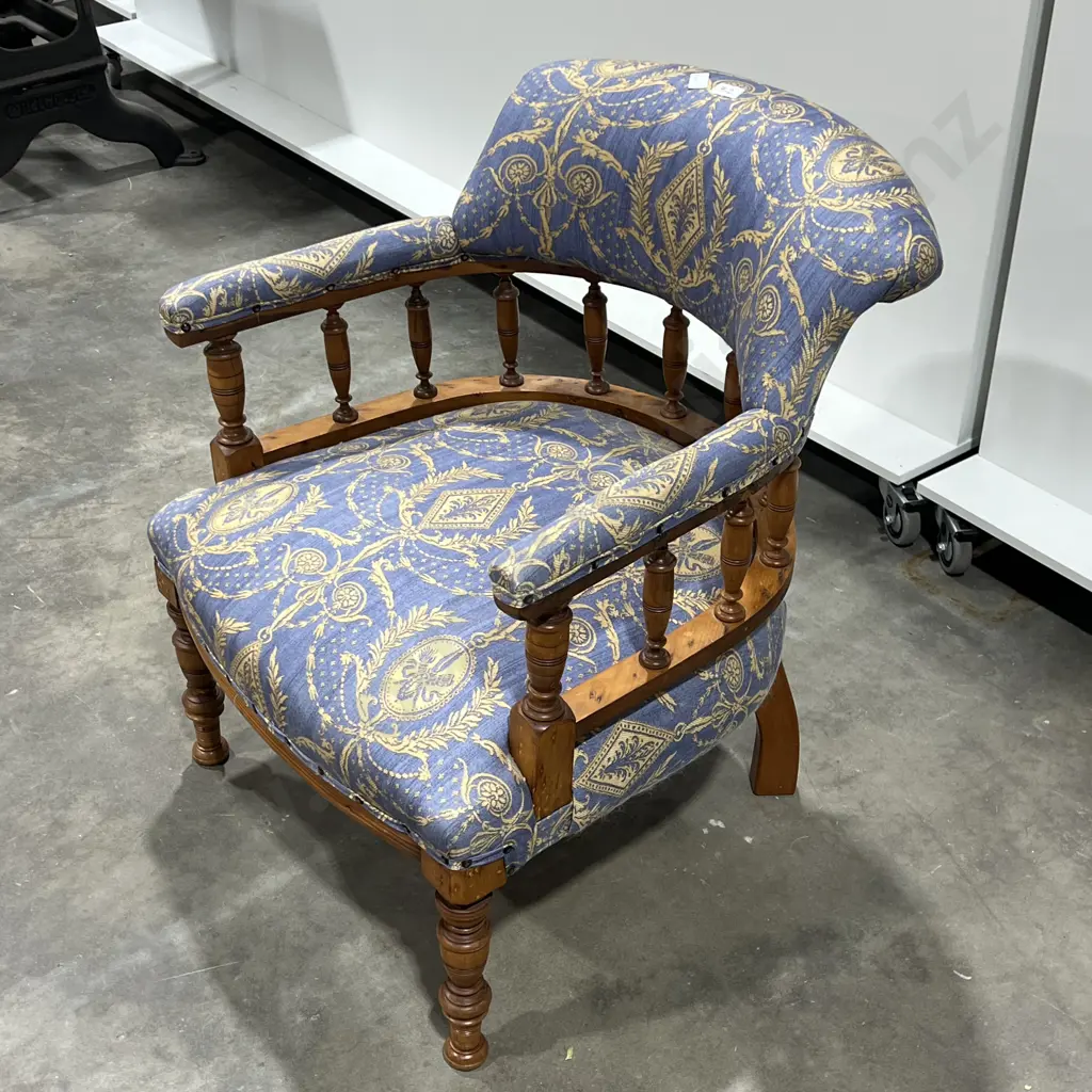 Antique Tub Chair w Turned Wooden Spindle Back & Blue & Gold Patterned Upholstery Image 1++