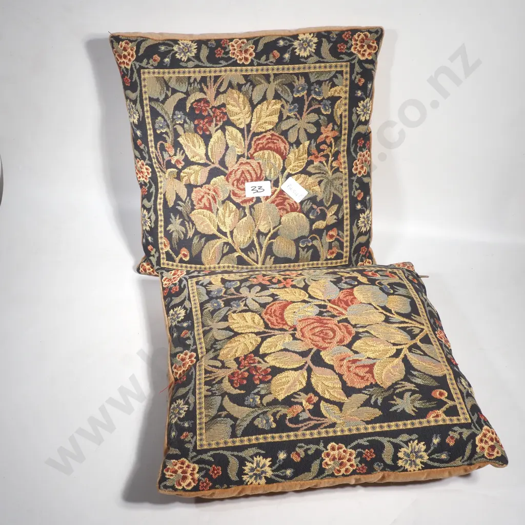 Two Floral Tapestry Style Cushions w Dark Border & Central Floral Motifs Image 1++