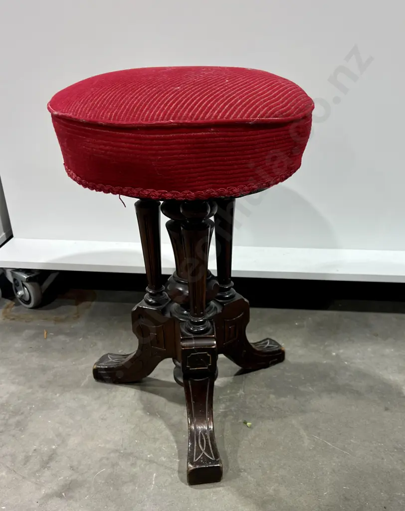 Antique Swivel Piano Stool w Red Upholstered Seat & a Carved Wooden Tripod Base Image 1++