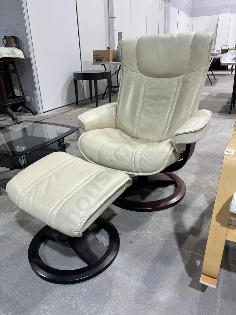 IMG of Norway Cream Leather Swivel Recliner w Matching Footstool Image 1++