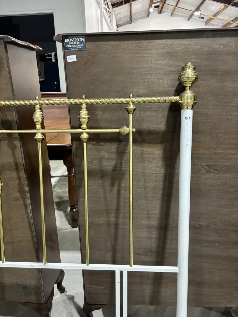 Vintage Style Brass & White Metal Bed Frame w Turned Finials & Spindle Rails Image 1++