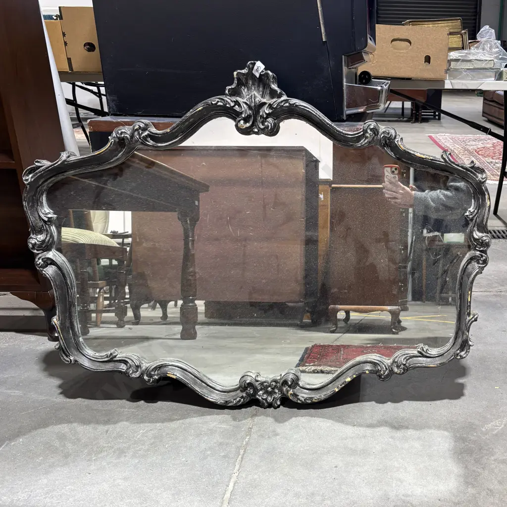 Antique Rococo Style Wall Mirror w Scroll Carved Surround w Silvered Finish Image 1++