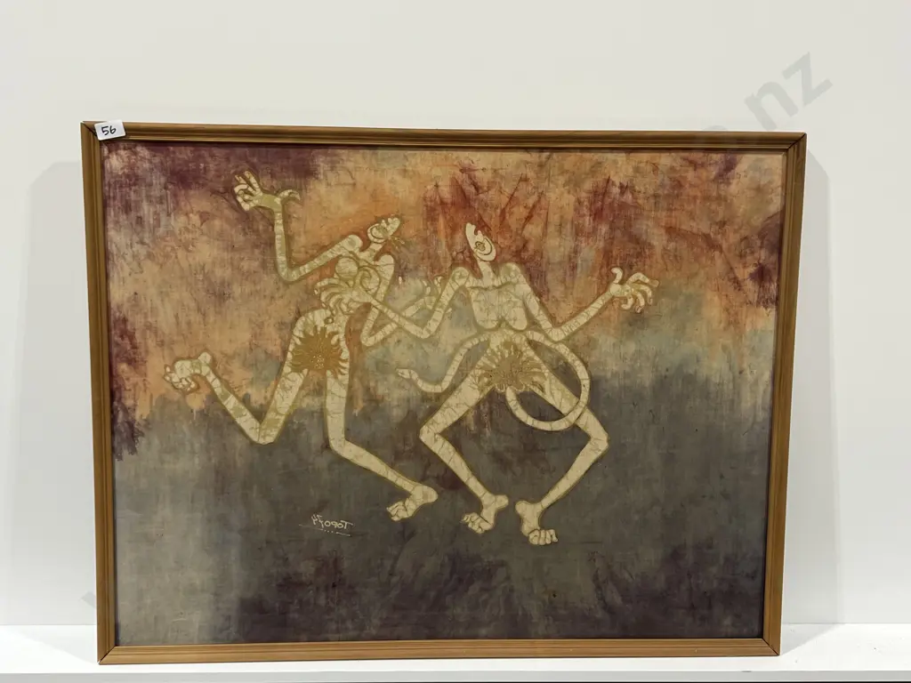 Artist Indecipherable - Two Stylised Dancing Figures, Batik Fabric Painting Image 1++