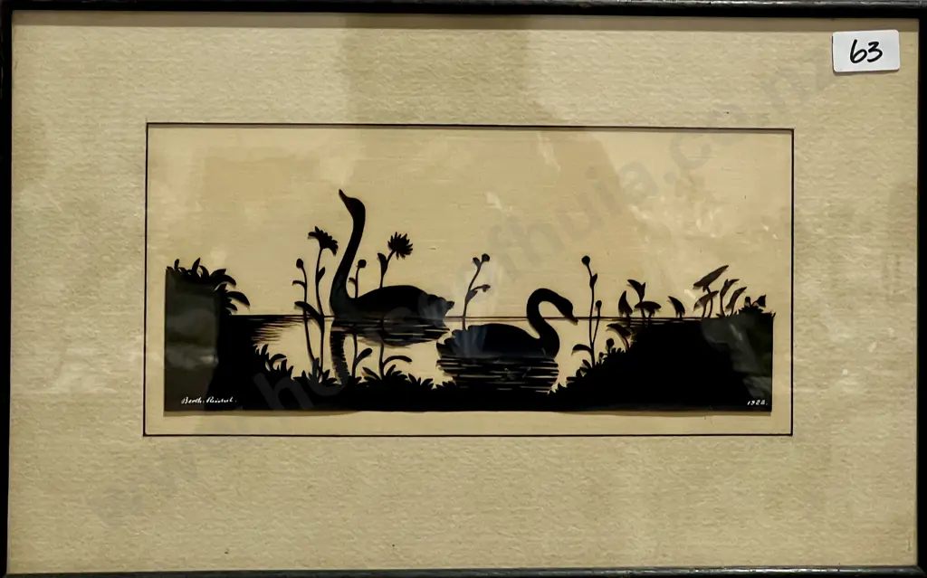 Framed Art Silhouette w Black Swans & Foliage on a Light Background Image 1++