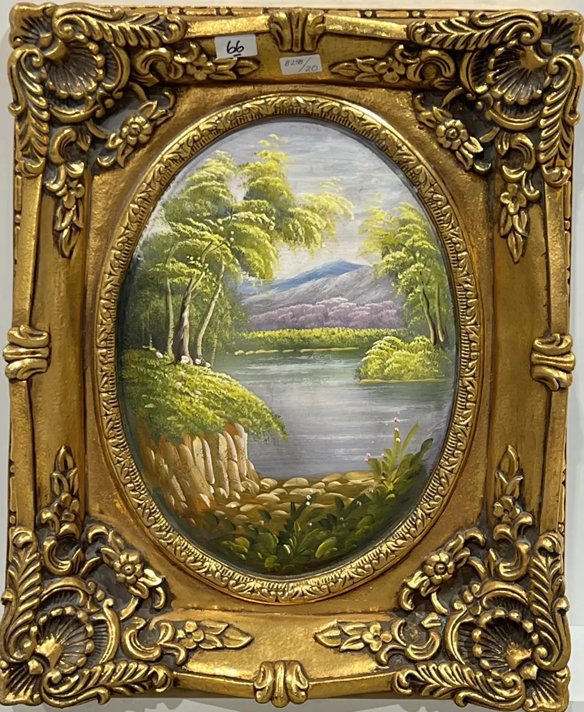 Convex Landscape Painting in Heavy Gilt Frame Image 1++
