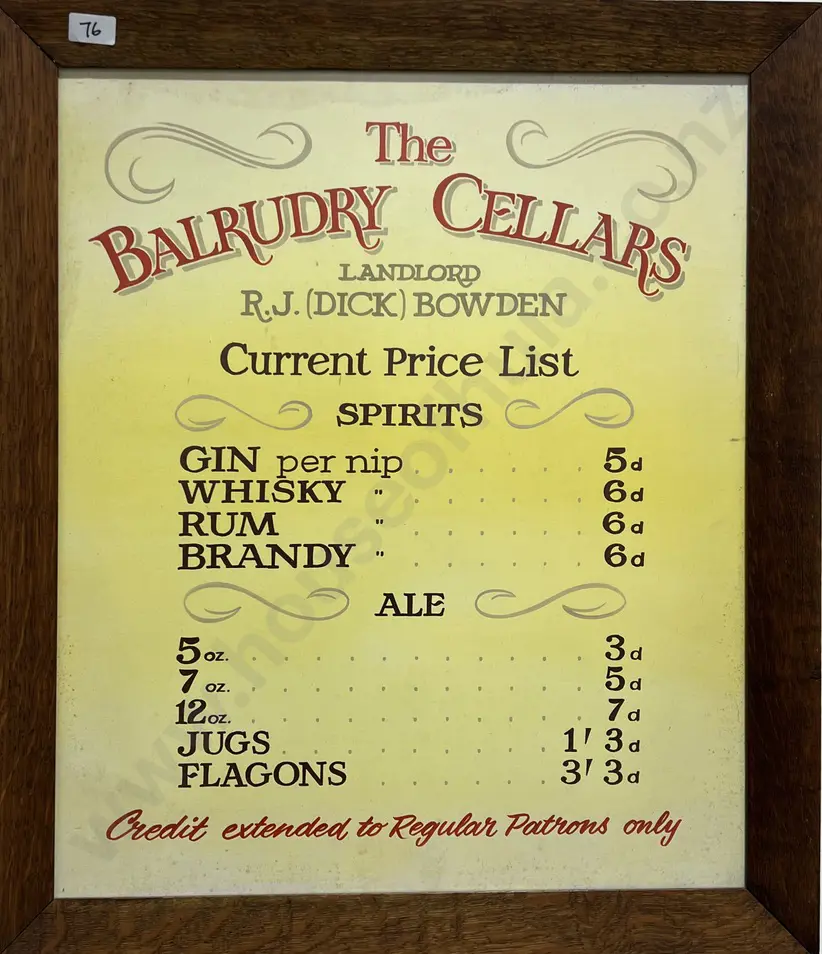 Vintage Oak Framed Price List for the Balrudry Cellars Featuring HIstorical Prices Image 1++