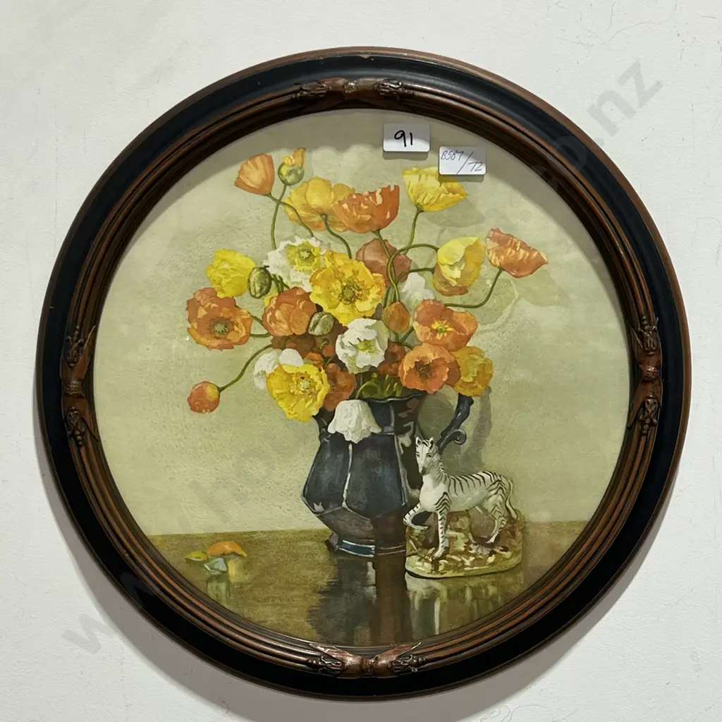 Antique Circular Framed Dorcie Sykes Print w Still Life & Staffordshire Pottery Zebra Image 1++