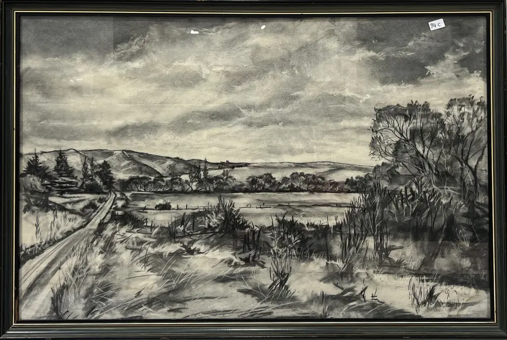Waddington - Rural Landscape Hilton South Canterbury - Charcoal on Paper Image 1++