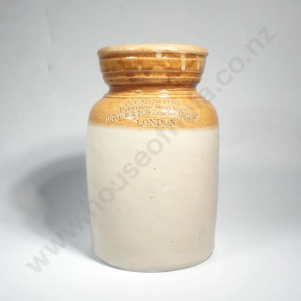 Powell Bristol Stoneware crock  Stamped  J.T. Morton Provision Merchant, 107,108 & 109 Leadenhalls London Image 1++