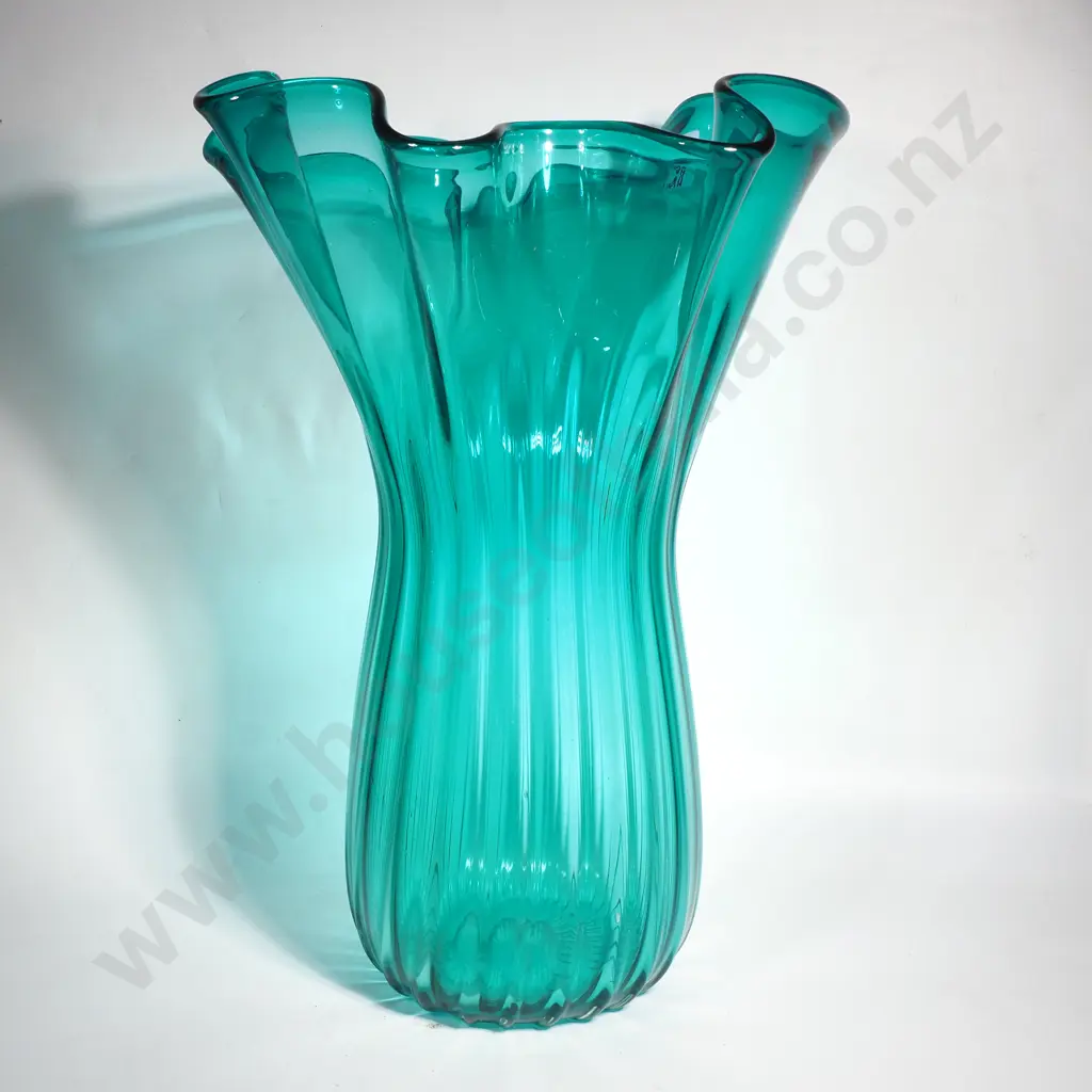 Large & Impressive Teal Glass Vase w Fluted Body & Ruffled Rim Image 1++