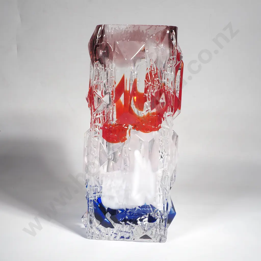 Heavy Brutalist Art Glass Vase w Rugged Ice Cube Finish & Red, White & Blue Accents Image 1++