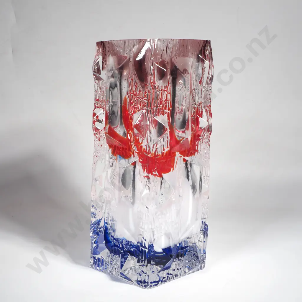 Heavy Brutalist Art Glass Vase w Rugged Ice Cube Finish & Red, White & Blue Accents Image 1++